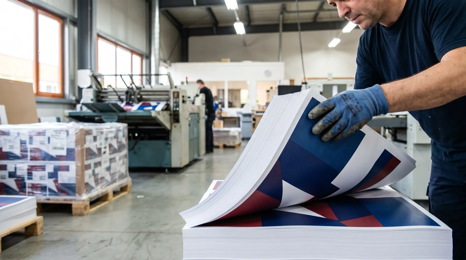 Press operator fanning a fresh stack of printed sheets on the Imageworks shop floor