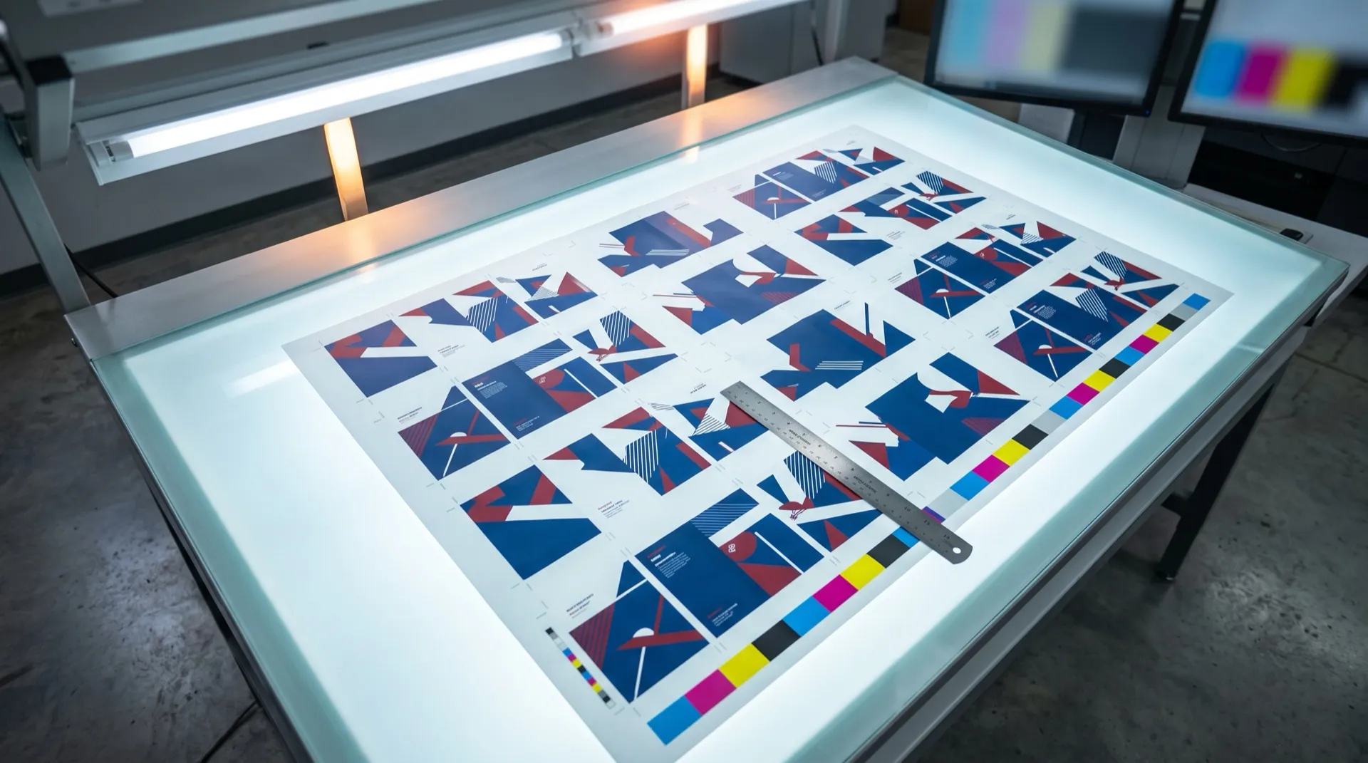 Imposed press sheet on a light table with crop marks, color bar, and a steel line gauge