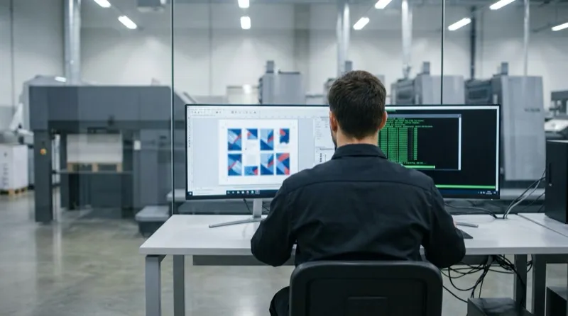 Prepress operator at dual monitors — an imposition layout on one screen, a terminal session running automated prepress on the other