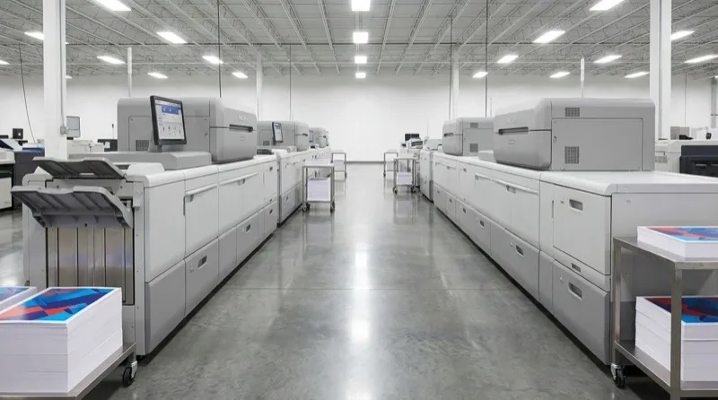 Two Ricoh Pro C9500 digital production press lines running parallel in the digital print room