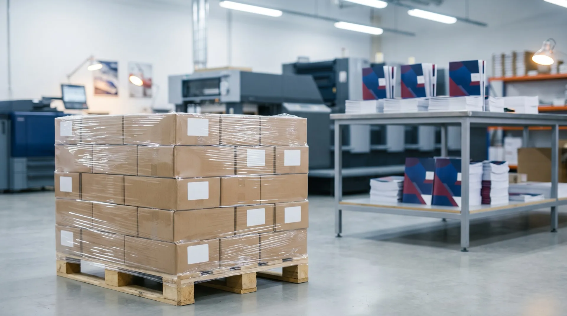 Shrink-wrapped pallet of plain unbranded cartons ready to ship from the pressroom